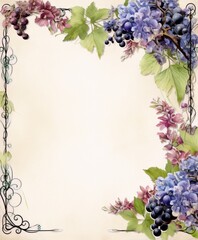 watercolor painting of grape vines with pink and blue flowers on a beige background in a vintage style