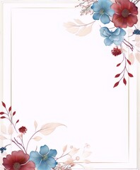 Frame of hand drawn watercolor red and blue flowers and leaves on white background