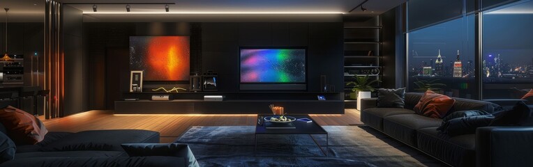 Elegant living room, dark, black walls with various colored LED lights  TV. 