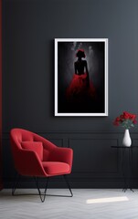 A dark room with a red velvet chair and a picture of a woman in a red dress.