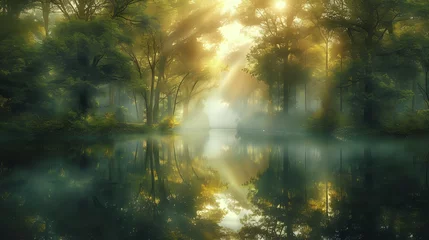 Fotobehang Dreamy Pond: Reflections of a Forest in Dawn's Light./n © Крипт Крпитович