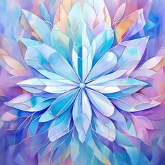vibrant blue and purple crystal flower with intricate geometric details set against a colorful background in an abstract art style