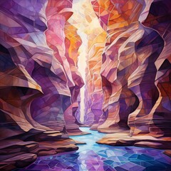 Colorful geometric shapes form a glowing canyon landscape with a river running through it