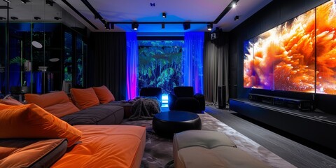 Elegant living room, darkroom , black walls with various colored LED lights beside the a large inch TV.  - obrazy, fototapety, plakaty