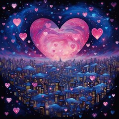 A city nestled beneath a heart-shaped sky filled with pink hearts.
