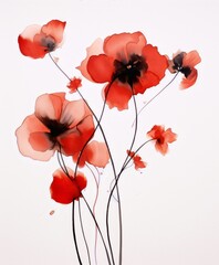Delicate red watercolor poppies with black centers on a white background, botanical, watercolor, interior, art nouveau.
