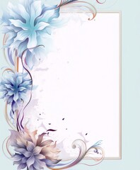 Blue and purple flowers with green leaves on a light blue background in a classic style with a splash of paint.