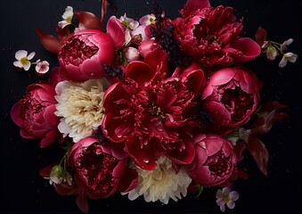 bouquet of red and white peonies with dew on dark background, still life, photography, dark academia