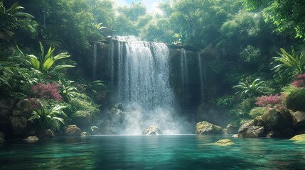 A waterfall surrounded by a dense jungle with lush greenery and rocks Generate AI	
