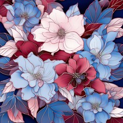 Obraz premium vibrant blue,pink and red flowers with silver outlines on a dark blue background,in art nouveau style,for home decor