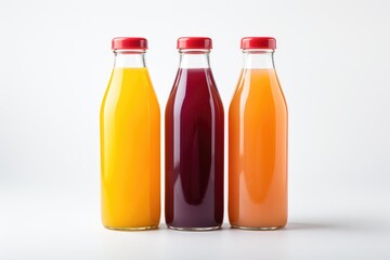 Bottles with multi-colored liquid or multifruit juice on a white background