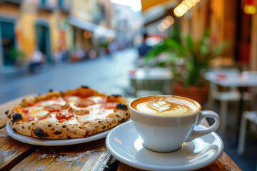 Cup of coffee and slices of pizza on wooden table at outdoor cafe with view on street in old town....