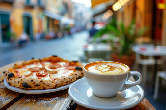 Cup of coffee and slices of pizza on wooden table at outdoor cafe with view on street in old town. Tourist has breakfast in beautiful place while traveling