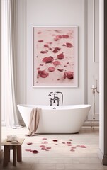 Bathroom interior with pink petals on the floor and framed photo of petals on the wall in a classic style