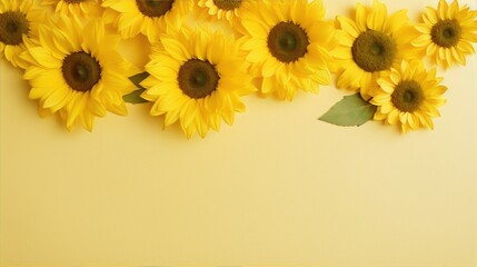 Yellow sunflowers on a yellow background. Still life, floral, bright, summer, flat lay.