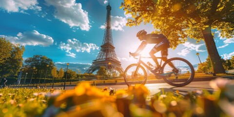 Cyclist in the park and the Eiffel Tower. A man in sports equipment rides a bicycle. Paris in spring.