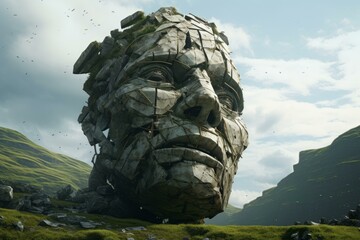 Immense Stone head giant. Park monument. Generate Ai