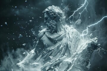 Capture the moment of impact as a digital lightning bolt strikes a shattered statue of Zeus, the pieces hovering in the air, frozen in time, symbolizing his indestructible nature - obrazy, fototapety, plakaty