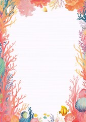 Frame of pink and orange corals and tropical fish on a white background,watercolor,drawing,interior,contemporary