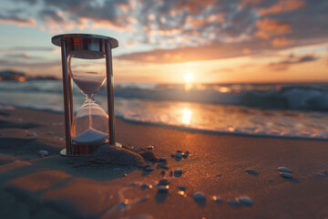 Hourglass on sand beach at sunset. Sand passing through glass bulbs. Captured passing moments and...