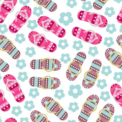 Colorful flip flops on white background seamless pattern with flowers. Travel, vacation minimalistic concept - obrazy, fototapety, plakaty