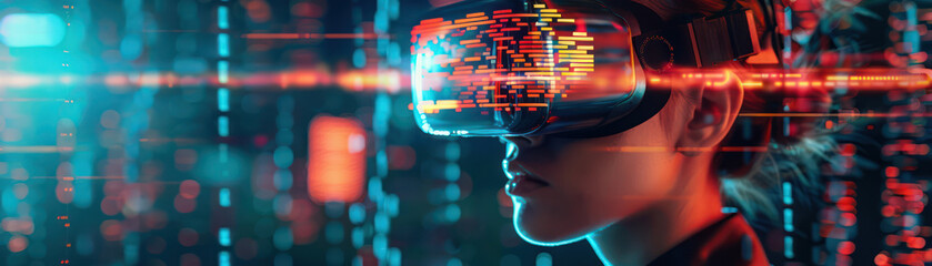 In a stylized depiction of future technology, a user interfaces with a virtual reality environment, their face lit by the soft glow of digital projections