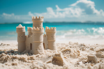 Sand castle on sunny sea beach. Children entertainment on sand beach during summer holidays