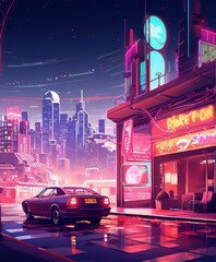 A retrofuturistic city street with a parked car, glowing signs, and a restaurant.