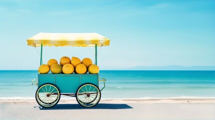 Retro beach cart with yellow awning full of lemons against the backdrop of the ocean in summer - obrazy, fototapety, plakaty