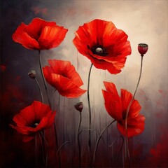 Obraz premium vibrant red poppies with dark centers against a stormy sky, painted in an impressionist style with bold brushstrokes