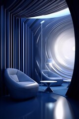 Blue and white futuristic interior design living room with chairs and coffee table in 3d illustration