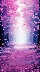 Pink trees and petals in a magical forest with a bright light at the end of the path, digital art, concept art, fantasy, pink, purple, blue, violet, white