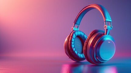 Photograph a professional color-graded, 3D-rendered image of holographic headphones, floating against a soft, gradient backdrop, symbolizing the future of immersive audio entertainment - obrazy, fototapety, plakaty