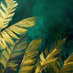 Oil painting of golden banana leaves on a dark green background.