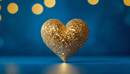 A shiny gold heart-shaped object rests on a bright blue surface, creating a striking contrast in color and shape. - obrazy, fototapety, plakaty