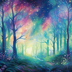 Obraz na płótnie Canvas Mystical path through an enchanted forest with a sprinkling of stars and flowers in a surreal painting