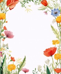 vibrant flowers frame in watercolor painting style with white background