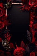Black and red roses with golden mask frame on black background, digital art, art deco, interior design