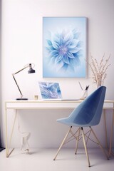 Blue and white home office with flower painting, blue chair and gold lamp