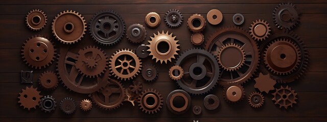 rusty and shiny metal steampunk gears of different sizes on a wooden background - obrazy, fototapety, plakaty