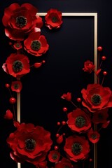 3D rendering of red paper flowers with golden pistils on a black background with a golden frame, in a realistic style, for interior design, wall art, and advertising.