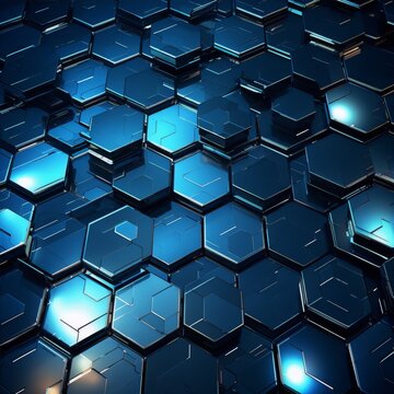 Blue metallic hexagons with beveled edges reflecting light in a futuristic honeycomb pattern