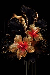 Black and gold 3D rendering of hibiscus flowers with red pistils on a black background.