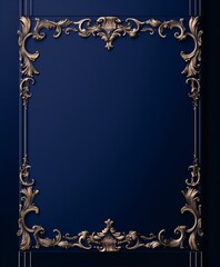 Blue and gold ornate frame with a dark blue background in 3D rendering.