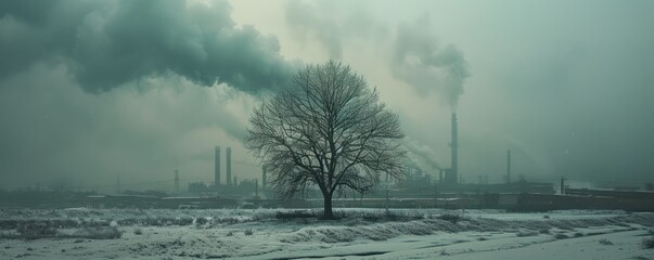 A single, leafless tree stands in the foreground with a sprawling factory complex behind it, smoke filling the sky, captured in sharp - obrazy, fototapety, plakaty