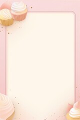 Pink and cream cupcakes with a pink background and a gold border, digital art, food, still life, pop art.