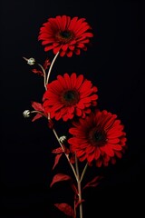 Three??red gerbera flowers on a black background, with??and buds, in a minimalist style, with a dark and moody feel, reminiscent of the Dutch Golden Age.