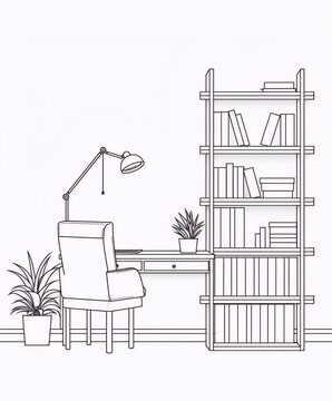 recommend clip art: Minimalist home office interior with a wooden desk, a chair, a bookshelf, a lamp and plants in pots, in line art style