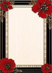 Art deco style floral frame with red flowers and gold elements