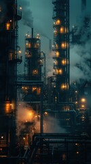 An eerie night scene at an industrial complex, with ambient lighting casting deep shadows and highlighting the intricate pipelines and smoke stacks in sharp focus